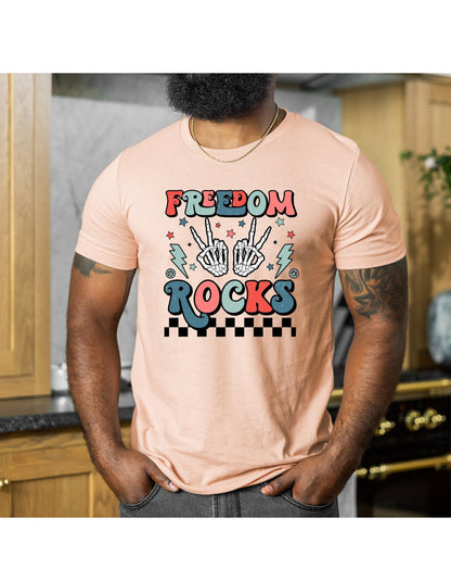 Freedom Rocks Skeleton Peace Sign Graphic T-Shirt